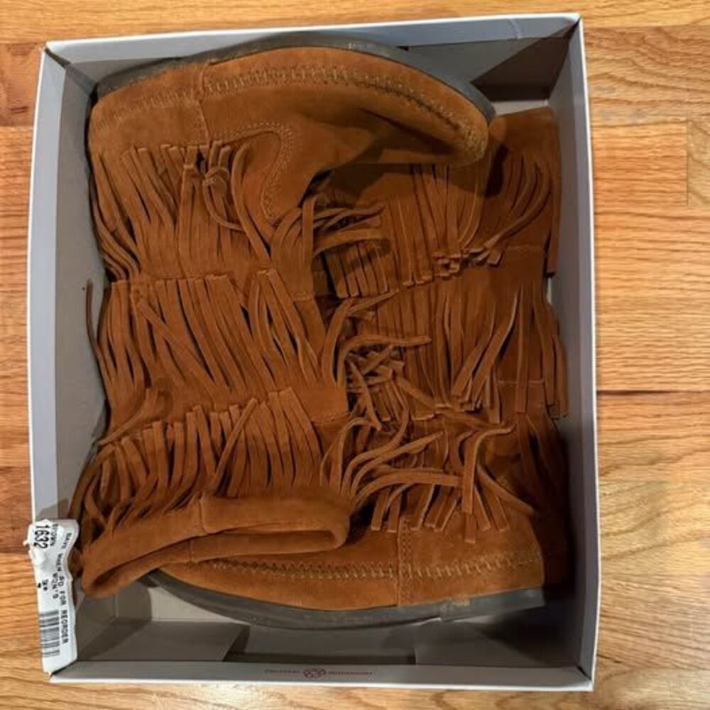 Minnetonka Suede Moccasin Boots with 3 Layer Fringe